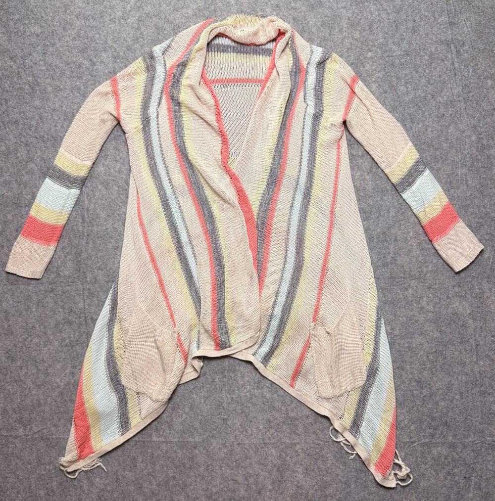 Billabong Women’s Striped Open Front Fringe Hem Knit Cotton Cardigan M